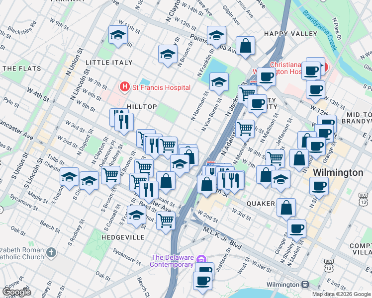 map of restaurants, bars, coffee shops, grocery stores, and more near 1017 West 5th Street in Wilmington