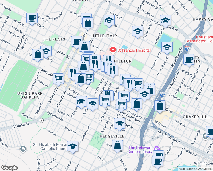 map of restaurants, bars, coffee shops, grocery stores, and more near 200 Delamore Place in Wilmington