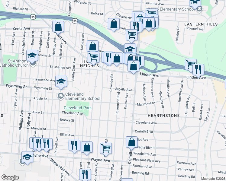 map of restaurants, bars, coffee shops, grocery stores, and more near 1529 Rosemont Boulevard in Dayton