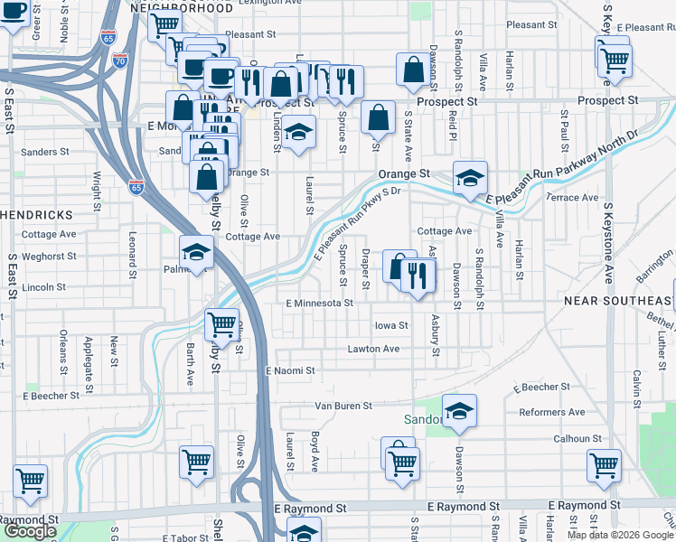 map of restaurants, bars, coffee shops, grocery stores, and more near 1631 Brier Place in Indianapolis