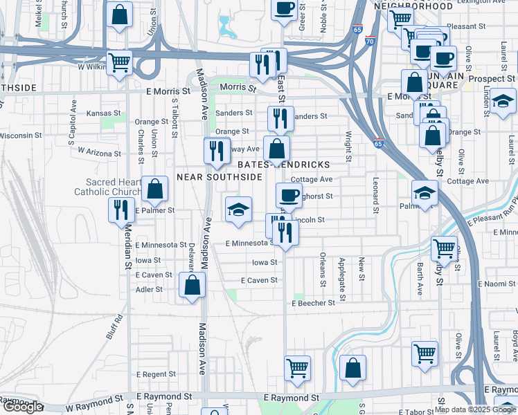 map of restaurants, bars, coffee shops, grocery stores, and more near 337 Lincoln Street in Indianapolis