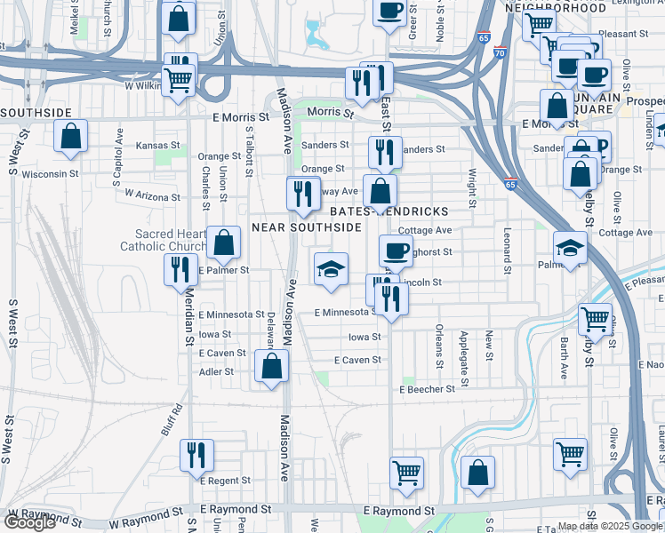 map of restaurants, bars, coffee shops, grocery stores, and more near 1548 South Alabama Street in Indianapolis