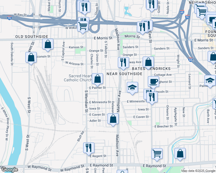 map of restaurants, bars, coffee shops, grocery stores, and more near 1618 Delaware Street in Indianapolis