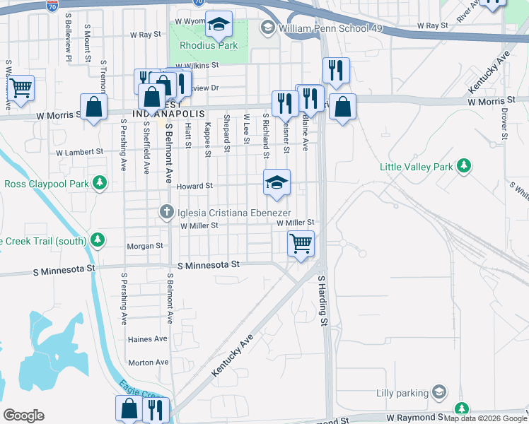 map of restaurants, bars, coffee shops, grocery stores, and more near 1749 Miller Street in Indianapolis