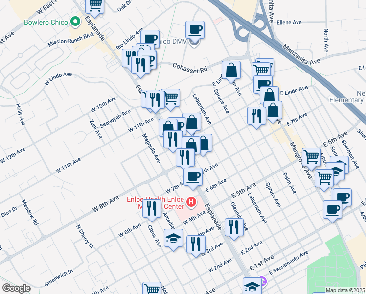 map of restaurants, bars, coffee shops, grocery stores, and more near 1844 Esplanade in Chico