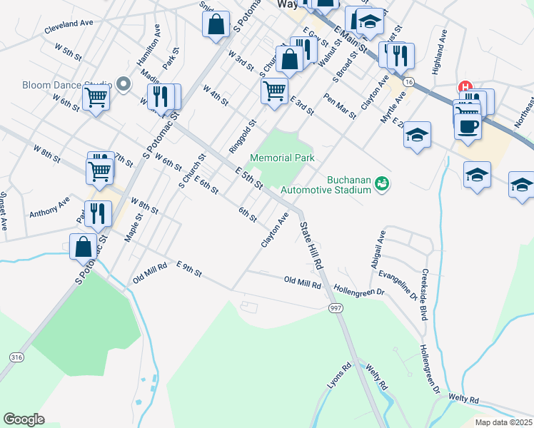map of restaurants, bars, coffee shops, grocery stores, and more near 419 Chestnut Street in Waynesboro