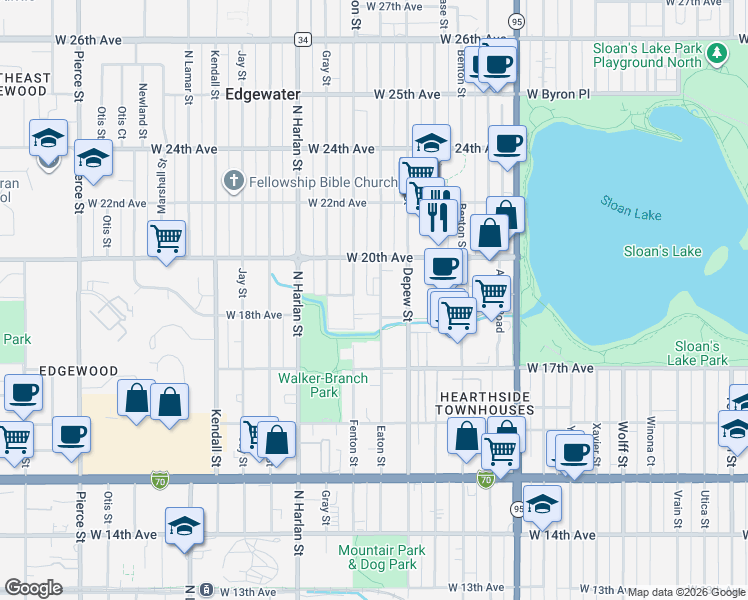 map of restaurants, bars, coffee shops, grocery stores, and more near 1800 Fenton Street in Lakewood