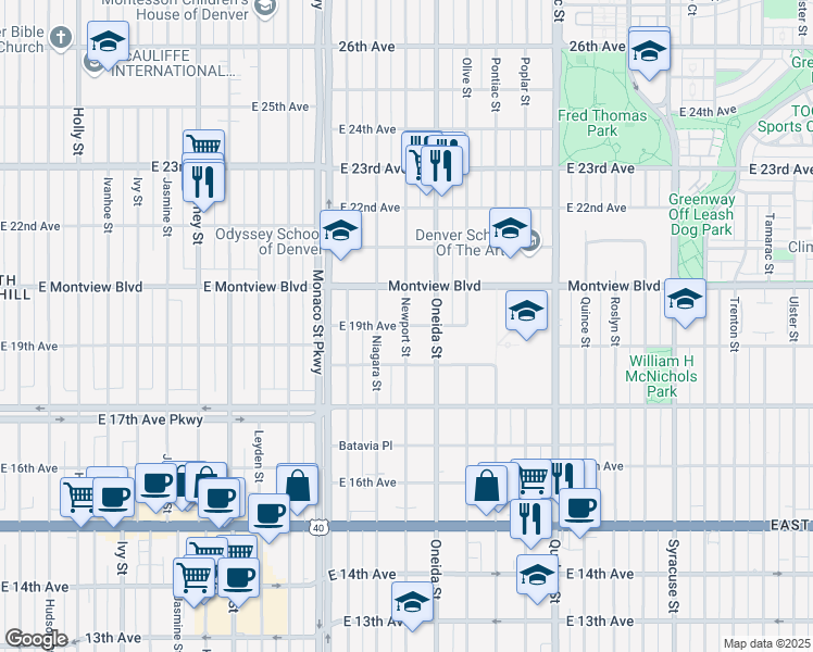map of restaurants, bars, coffee shops, grocery stores, and more near E 19th Ave & Newport St in Denver
