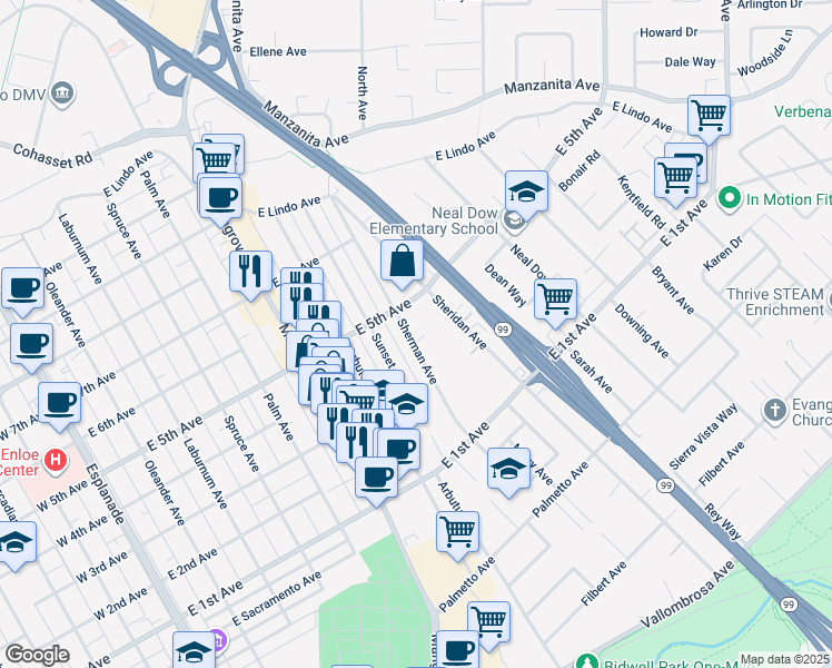 map of restaurants, bars, coffee shops, grocery stores, and more near 1420 Sherman Avenue in Chico