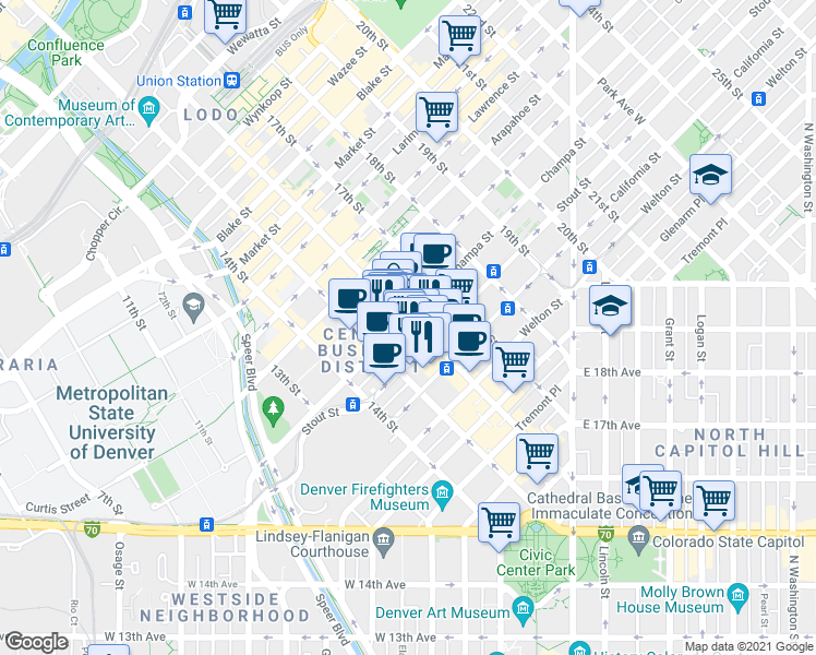 map of restaurants, bars, coffee shops, grocery stores, and more near 820 16th Street Mall in Denver