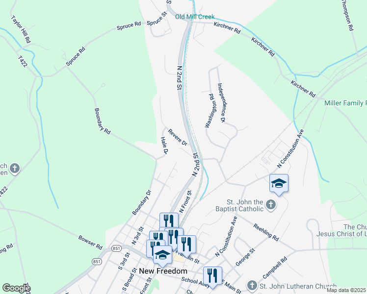map of restaurants, bars, coffee shops, grocery stores, and more near 15636 Revere Drive in New Freedom