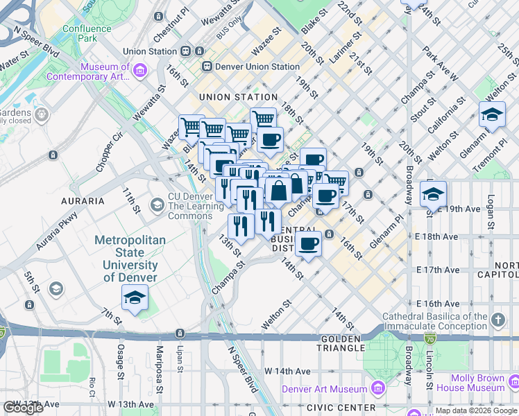 map of restaurants, bars, coffee shops, grocery stores, and more near 1020 15th Street in Denver