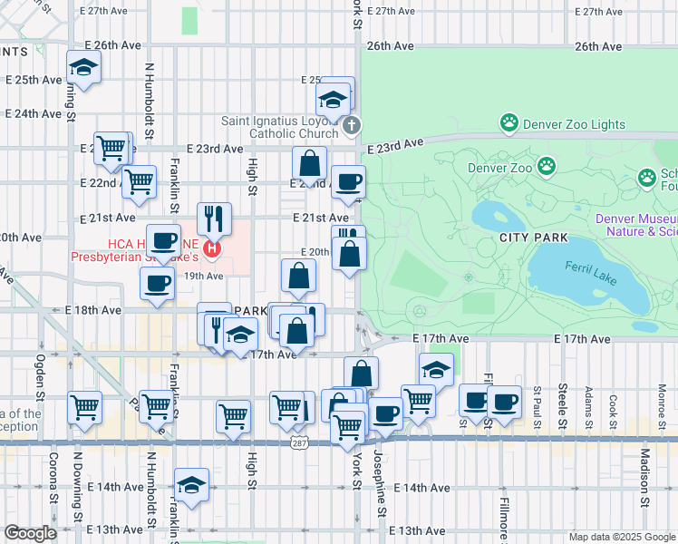 map of restaurants, bars, coffee shops, grocery stores, and more near 1880 Gaylord Street in Denver