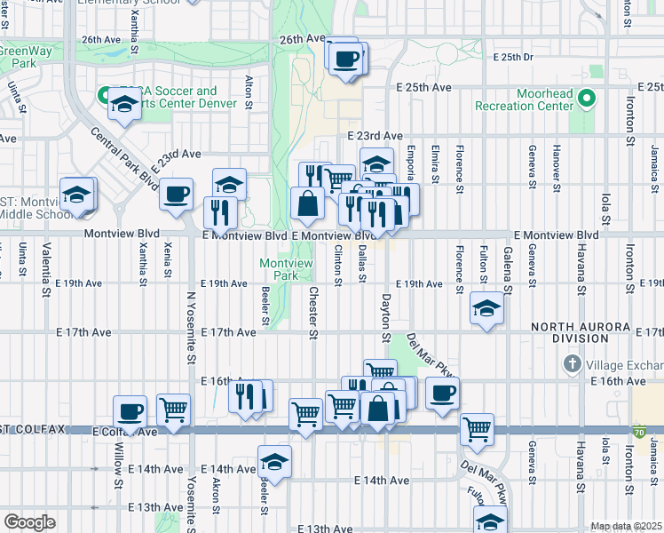 map of restaurants, bars, coffee shops, grocery stores, and more near 1931 Clinton Street in Aurora