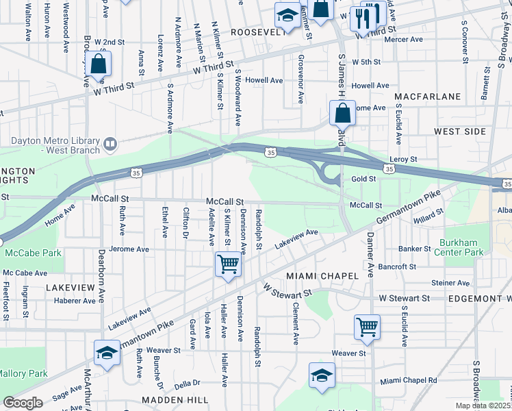 map of restaurants, bars, coffee shops, grocery stores, and more near 603 Randolph Street in Dayton