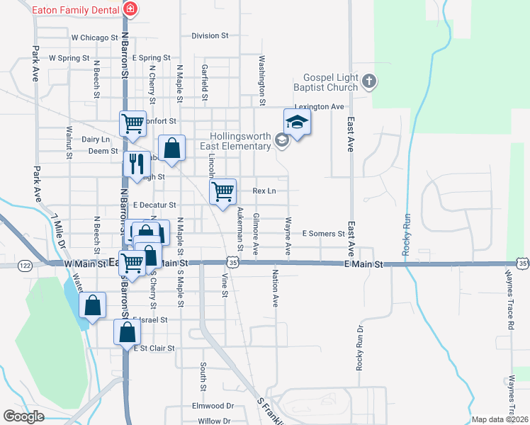 map of restaurants, bars, coffee shops, grocery stores, and more near 312 Gilmore Avenue in Eaton
