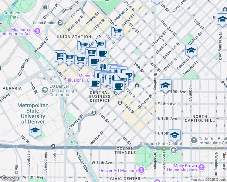 map of restaurants, bars, coffee shops, grocery stores, and more near 815 16th Street Mall in Denver