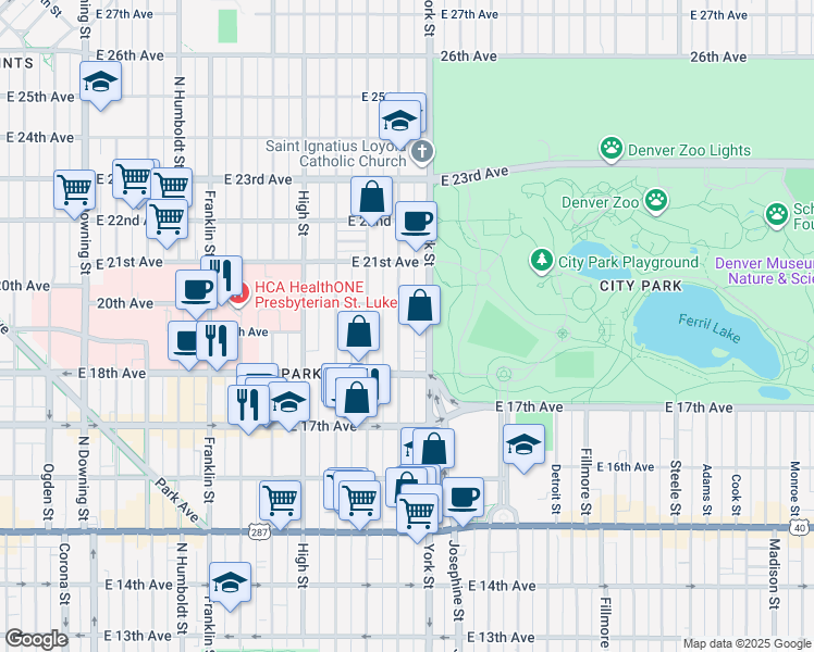 map of restaurants, bars, coffee shops, grocery stores, and more near 1880 Gaylord Street in Denver