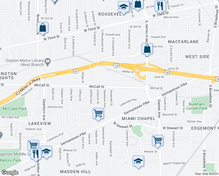 map of restaurants, bars, coffee shops, grocery stores, and more near 601 Randolph Street in Dayton