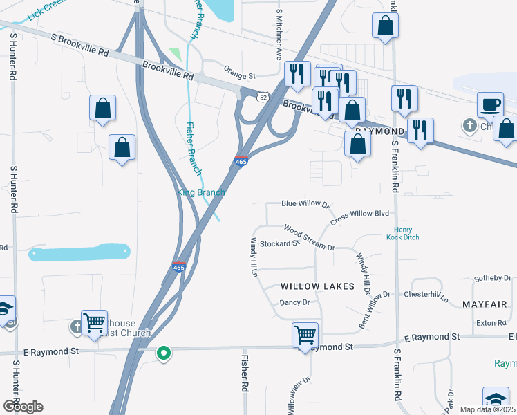 map of restaurants, bars, coffee shops, grocery stores, and more near 7540 Blue Willow Drive in Indianapolis
