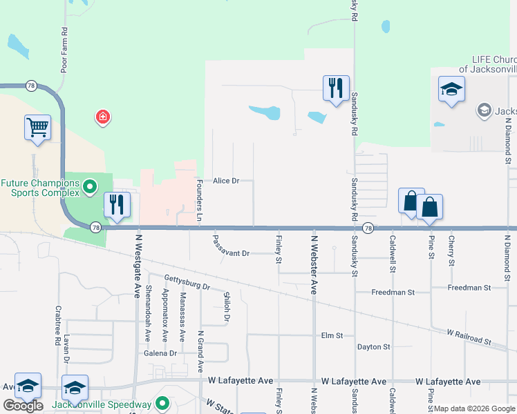 map of restaurants, bars, coffee shops, grocery stores, and more near Wadsworth Dr in Jacksonville