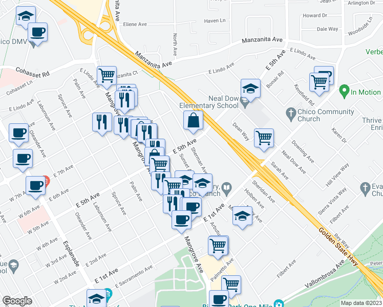 map of restaurants, bars, coffee shops, grocery stores, and more near 1417 Sherman Avenue in Chico