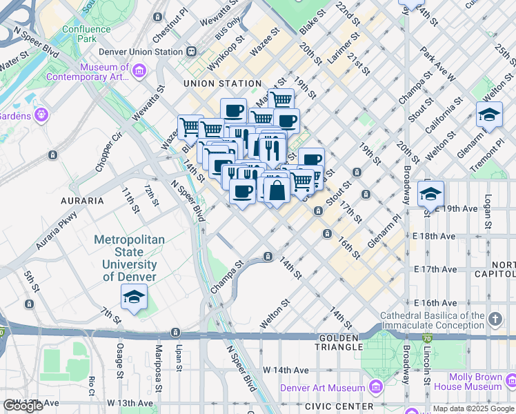 map of restaurants, bars, coffee shops, grocery stores, and more near 1020 15th Street in Denver