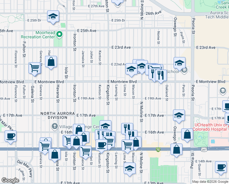 map of restaurants, bars, coffee shops, grocery stores, and more near 1970 Lansing Street in Aurora
