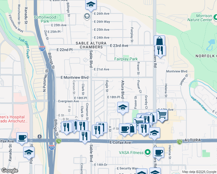 map of restaurants, bars, coffee shops, grocery stores, and more near in Aurora