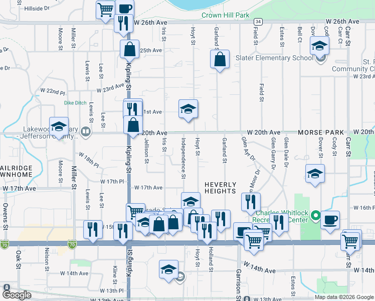map of restaurants, bars, coffee shops, grocery stores, and more near 1975 Independence Street in Lakewood