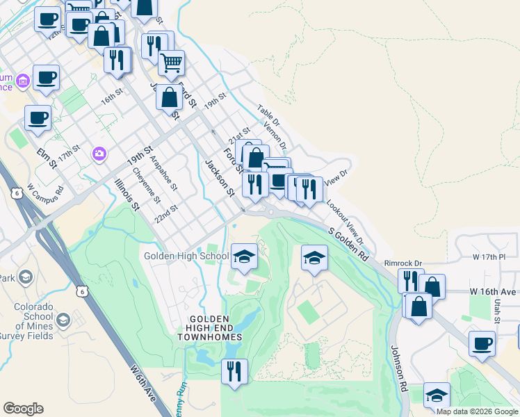 map of restaurants, bars, coffee shops, grocery stores, and more near 510 24th Street in Golden