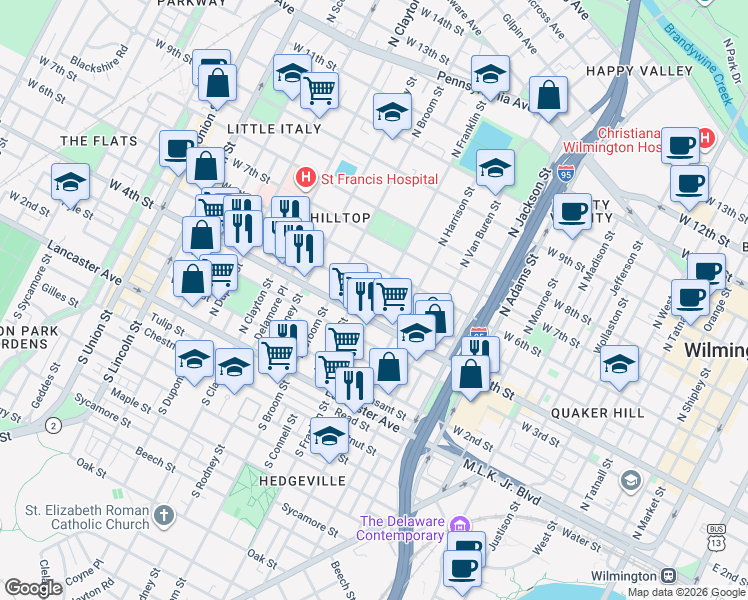 map of restaurants, bars, coffee shops, grocery stores, and more near 1316 West 6th Street in Wilmington