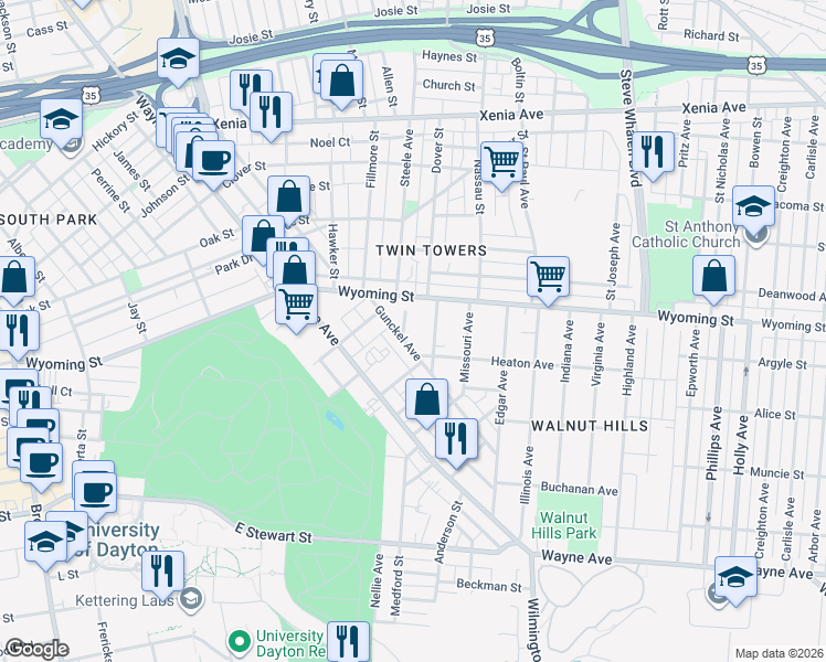 map of restaurants, bars, coffee shops, grocery stores, and more near 836 Wyoming Street in Dayton