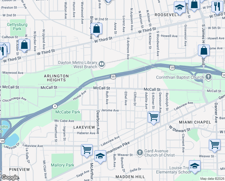 map of restaurants, bars, coffee shops, grocery stores, and more near 2811 McCall Street in Dayton