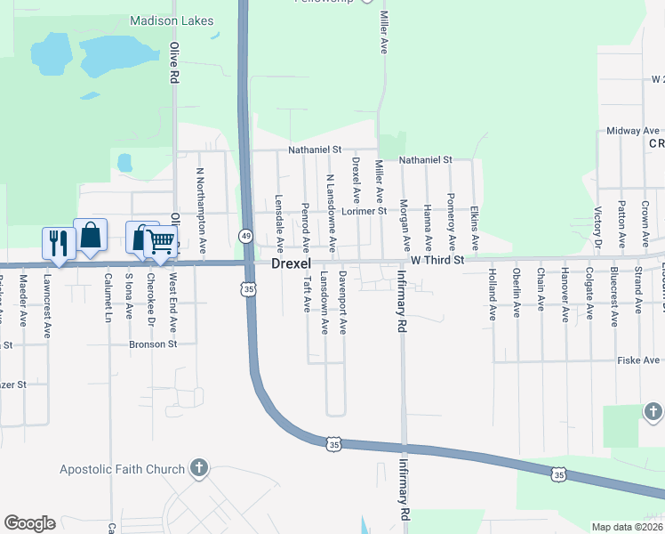 map of restaurants, bars, coffee shops, grocery stores, and more near 5699 West Third Street in Dayton