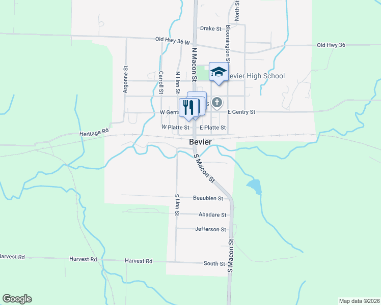 map of restaurants, bars, coffee shops, grocery stores, and more near 105 S Macon St in Bevier