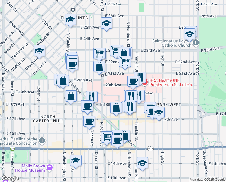map of restaurants, bars, coffee shops, grocery stores, and more near 1375 East 19th Avenue in Denver