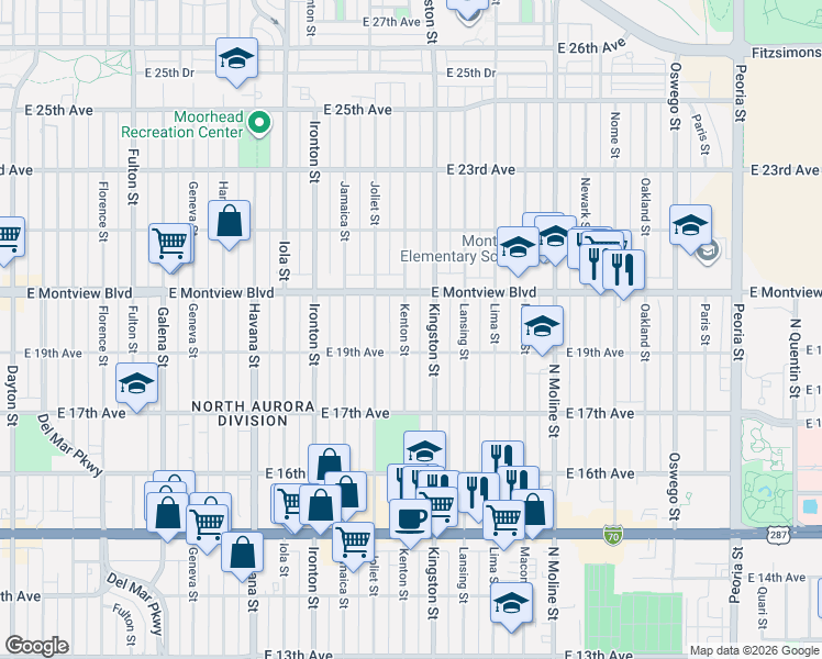 map of restaurants, bars, coffee shops, grocery stores, and more near 1985 Kingston Street in Aurora