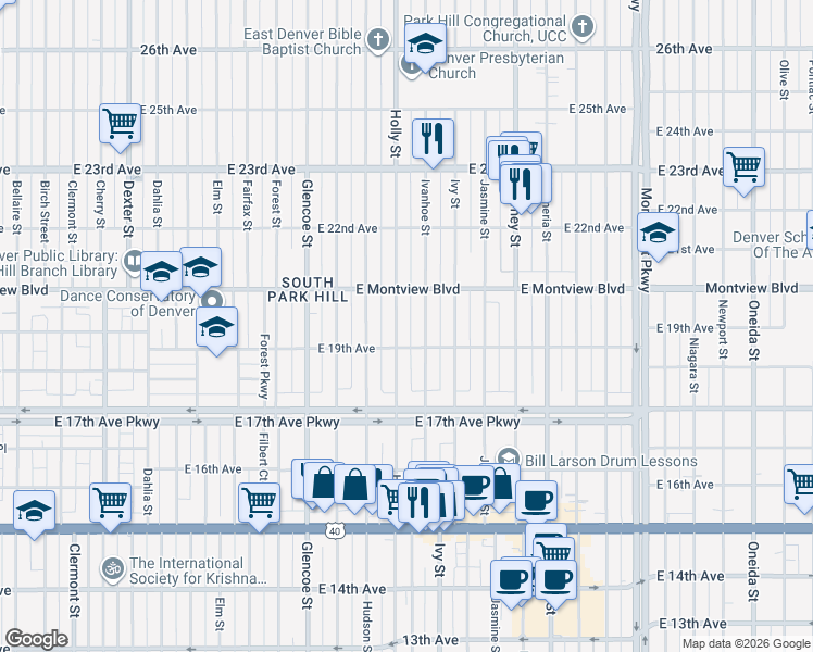 map of restaurants, bars, coffee shops, grocery stores, and more near 5600 Montview Boulevard in Denver