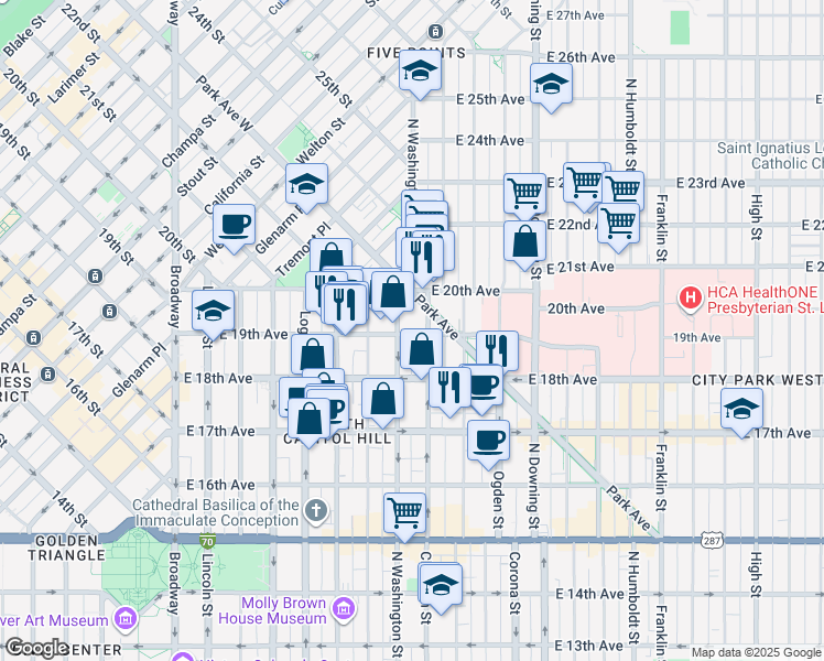map of restaurants, bars, coffee shops, grocery stores, and more near 1950 North Clarkson street in Denver
