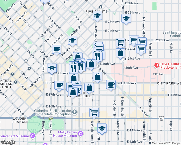 map of restaurants, bars, coffee shops, grocery stores, and more near 1985 North Washington Street in Denver
