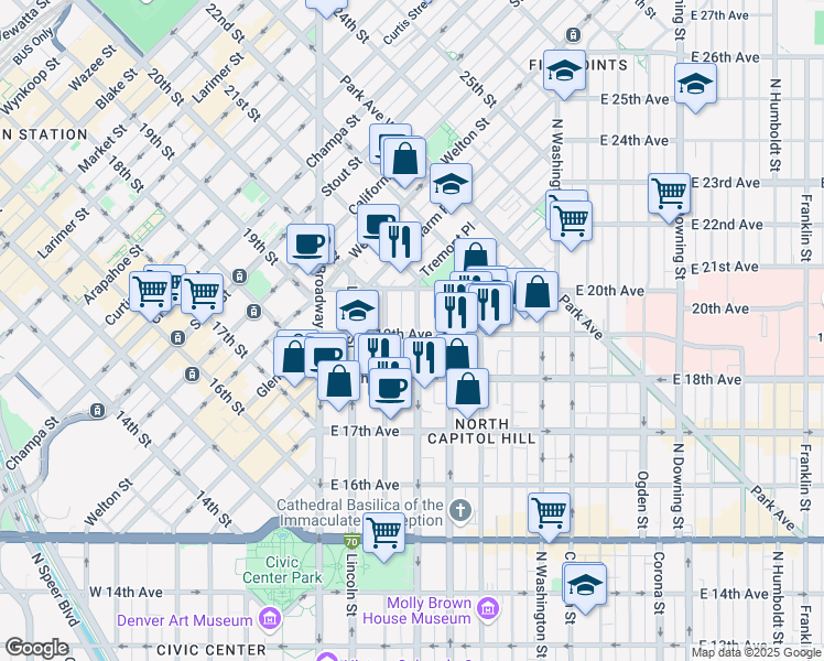 map of restaurants, bars, coffee shops, grocery stores, and more near 1934 Grant Street in Denver