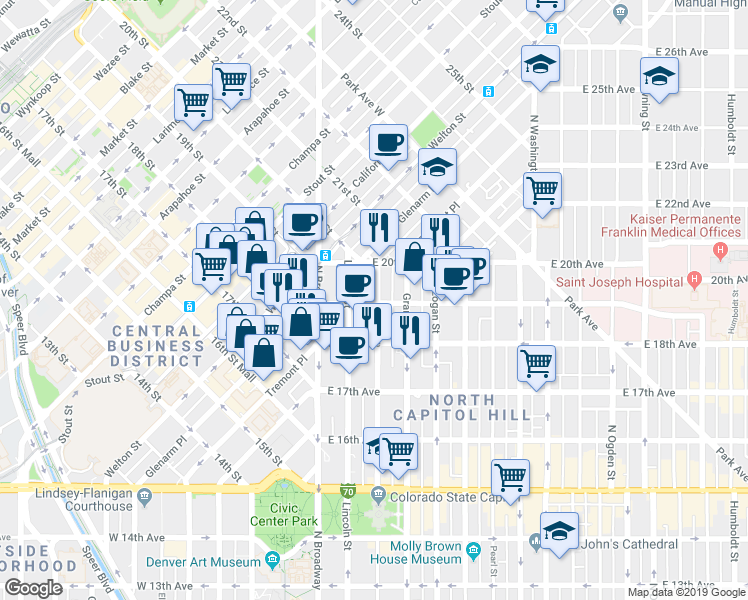 map of restaurants, bars, coffee shops, grocery stores, and more near 1955 Sherman Street in Denver