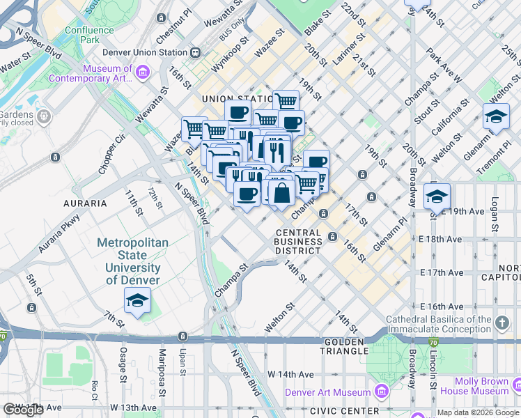 map of restaurants, bars, coffee shops, grocery stores, and more near in Denver