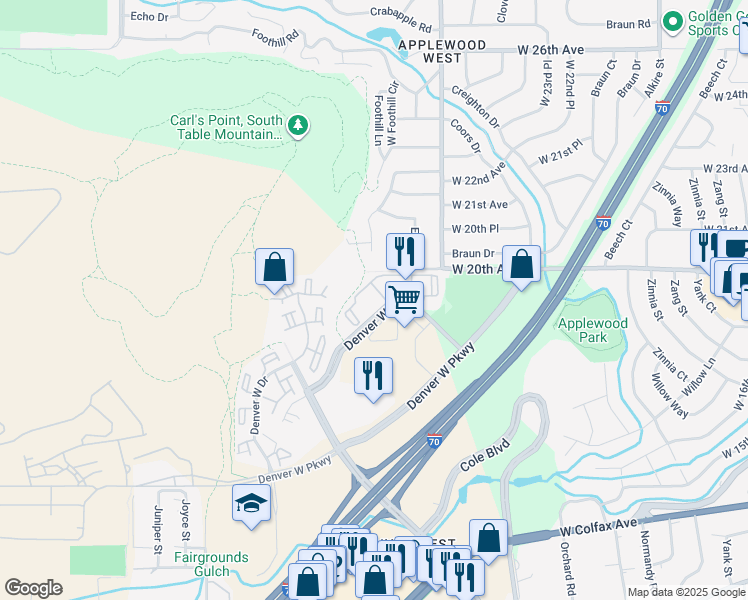 map of restaurants, bars, coffee shops, grocery stores, and more near 14165 Denver West Circle in Lakewood