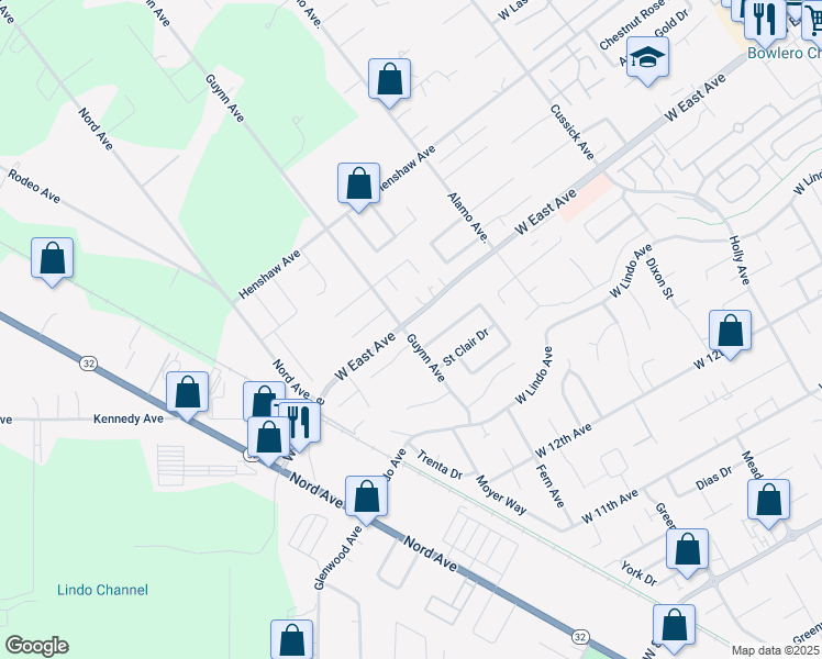map of restaurants, bars, coffee shops, grocery stores, and more near 950 West East Avenue in Chico