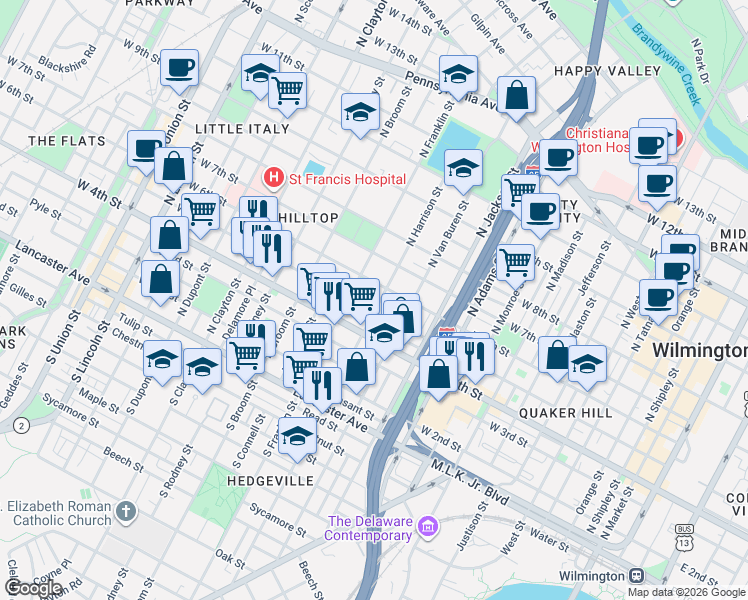 map of restaurants, bars, coffee shops, grocery stores, and more near 1207 West 6th Street in Wilmington