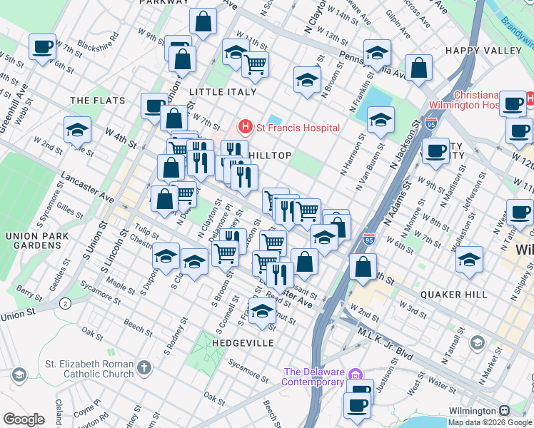 map of restaurants, bars, coffee shops, grocery stores, and more near 425 North Broom Street in Wilmington