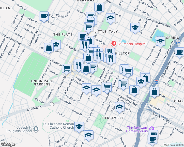 map of restaurants, bars, coffee shops, grocery stores, and more near 239 North Dupont Street in Wilmington