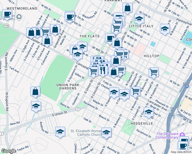 map of restaurants, bars, coffee shops, grocery stores, and more near 1917 Lancaster Avenue in Wilmington